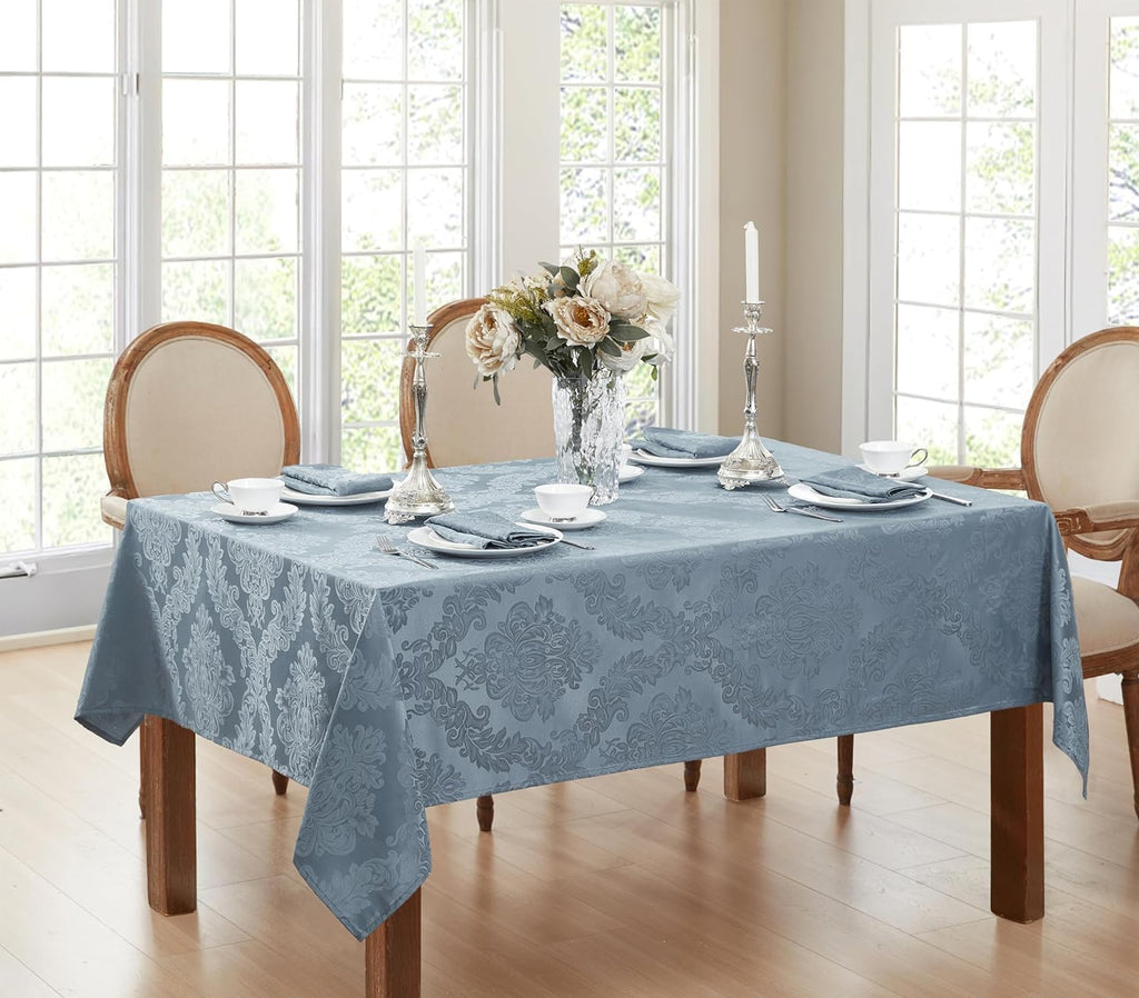 Barcelona Damask Fabric Tablecloth, 60 x 84 Inch Rectangle, Blue - No Iron, Soil Resistant Table Cov