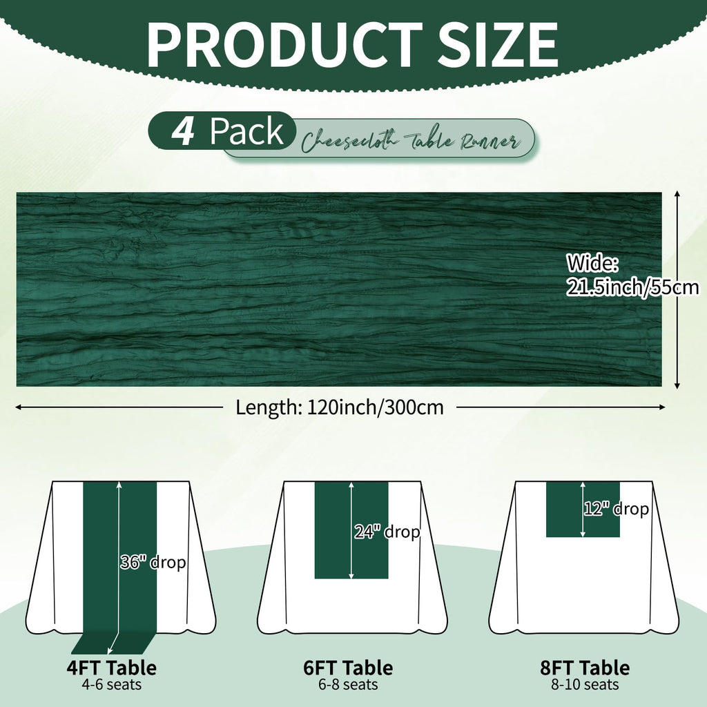 4 Pack Pack Dark Green Cheesecloth Table Runner 10Ft, Christmas Table Runner 21.5 X 120 inch, Semi Sheer Cheese Cloth