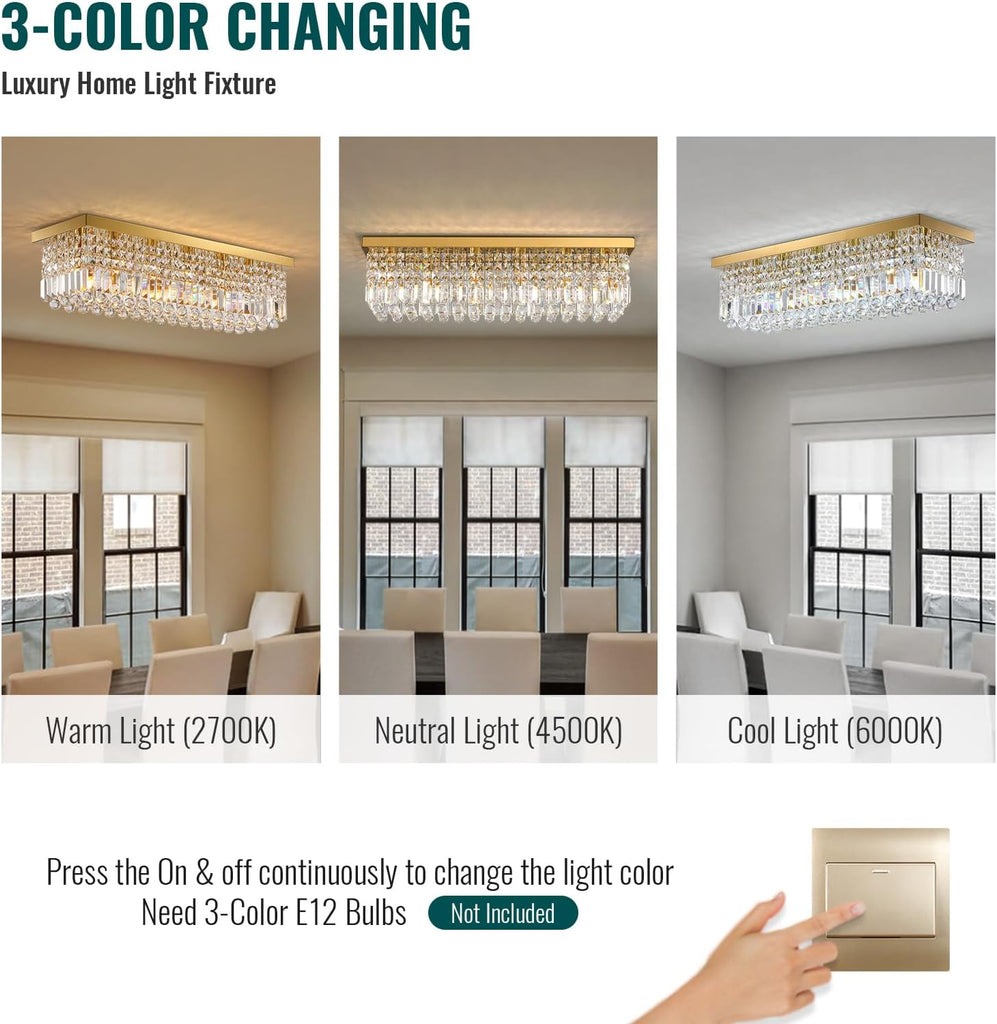 6-Light Modern Crystal Chandelier, Gold Rectangular K9 Crystal Raindrop Chandelier Flush Mount Ceiling Light Fixture
