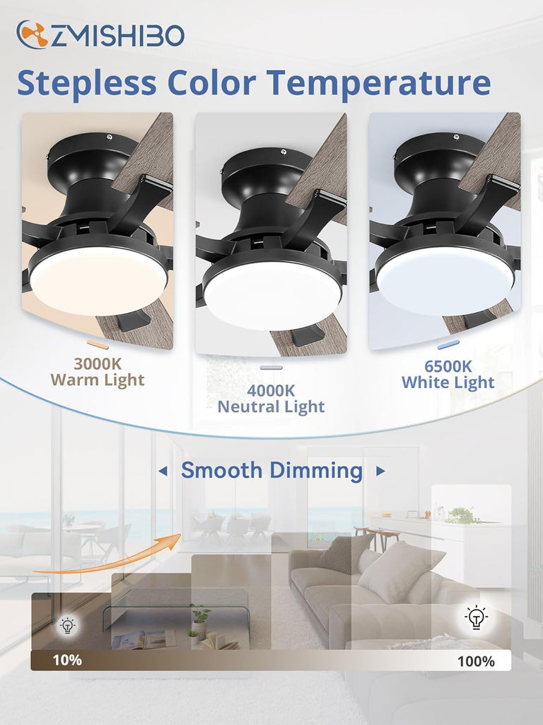 52 Inch Ceiling Fan with Light, App&Remote Control, Flush Mount Low Profile, Dimmable 20W LED Light, Quiet Reversible Motor for Bedroom, Living Room, Apartment, Black