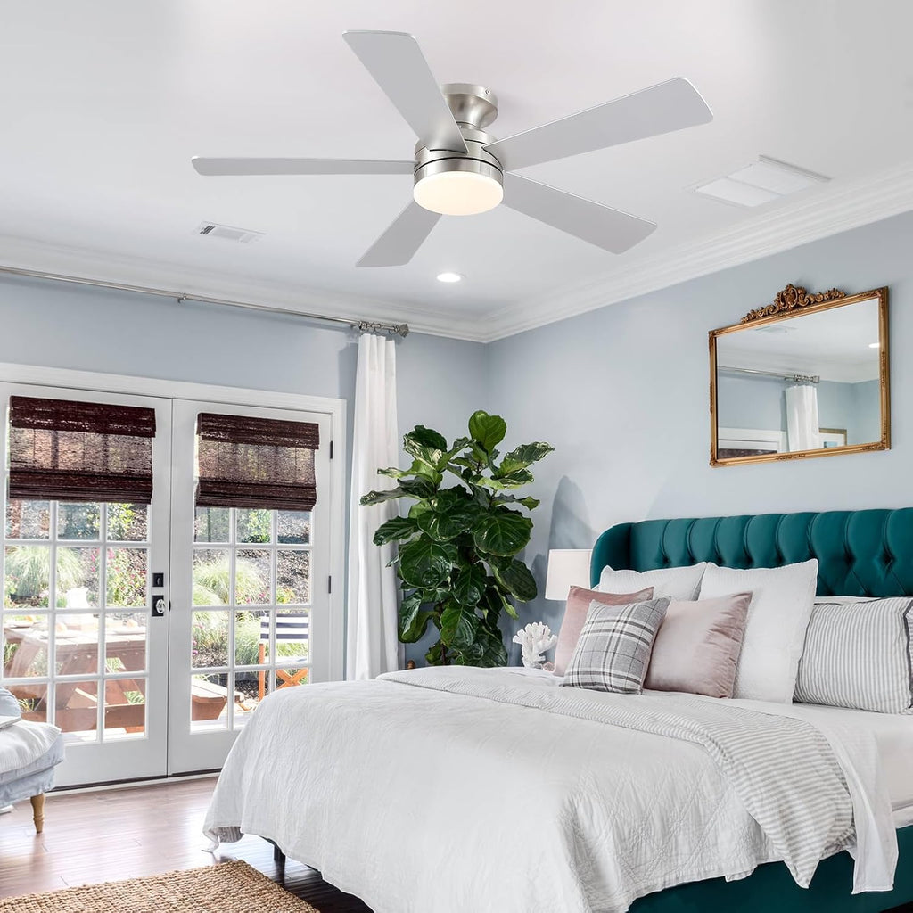 46IN Ceiling Fan with Lights and Remote/APP - Flush Mount Low Profile Ceiling Fan Light with 3CCT Dimmable, 6 Speeds Reversible, Modern Fan Light Fixture for Indoor, Covered Patios, Nickel