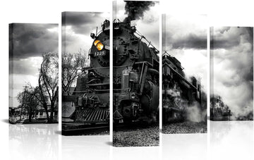 Black and White Train Canvas Wall Art, 5 Piece Set | 8"x16"x2pcs, 10"x20"x2pcs, 10"x24"x1pc Framed Waterproof Canvas