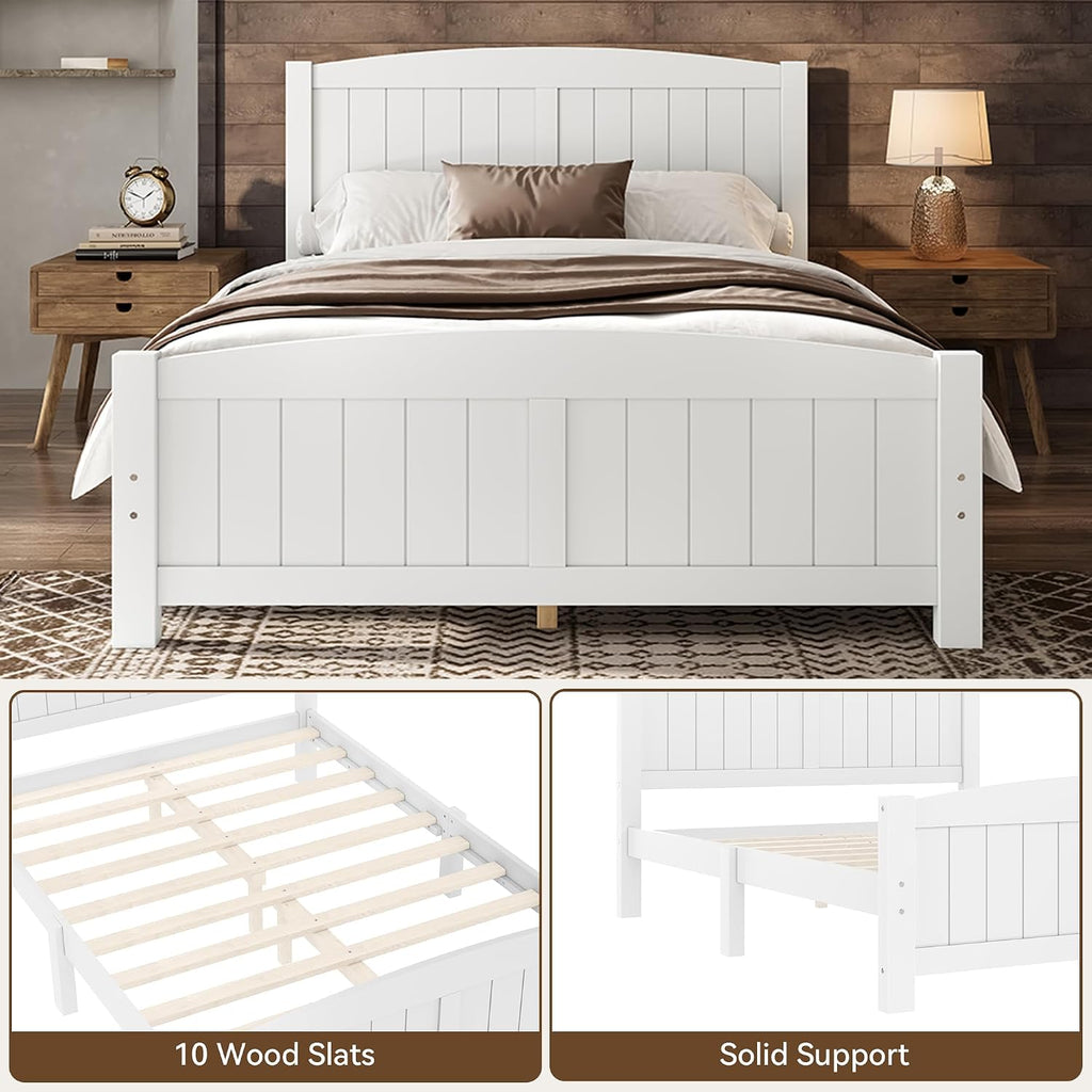 Full Farmhouse Bed Frame with Headboard & Footboard, White Mid-Century Modern Platform Bed Full, Vintage Solid Wood