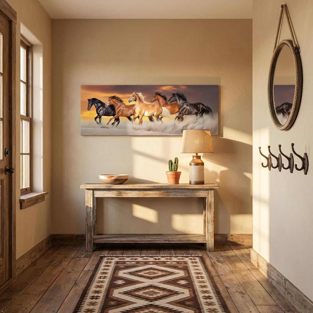Large Size Canvas Prints Running Horse Herd Rungallop Desert Dust Against Dramatic Sky Panorama Wall Art Gallery