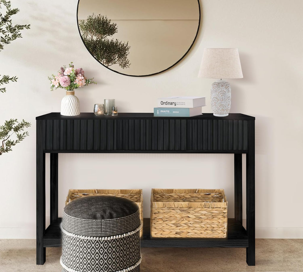 Fluted Console Table, Long Console Tables 48" Vanity Desk, Black Boho Entry Table Narrow Modern Hallway Table Modern