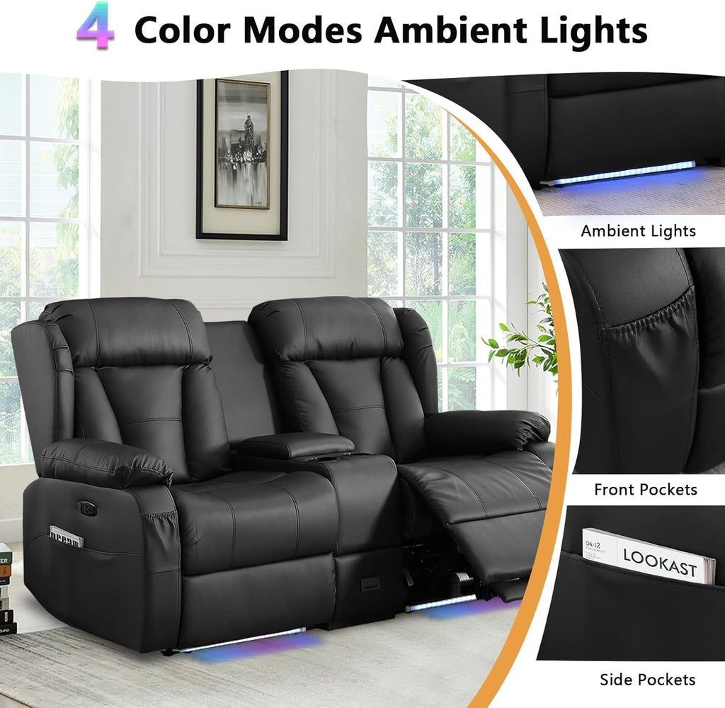 Power Recliner Loveseat Sofa with Console for Living Room, Home Theater Seating Seats with 4 Colors Ambient Lighting