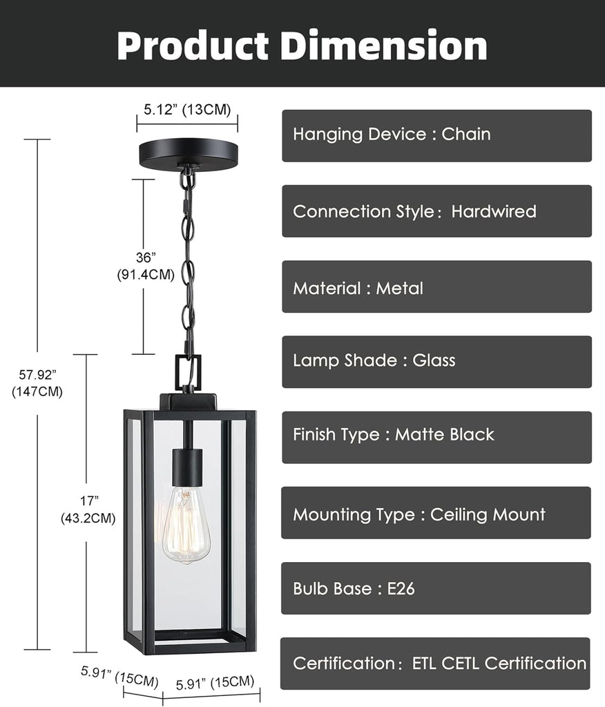 17 Inch Outdoor Pendant Light for Porch,Metal and Glass Outside Hanging Light Ceiling Mount Exterior Hanging Lantern