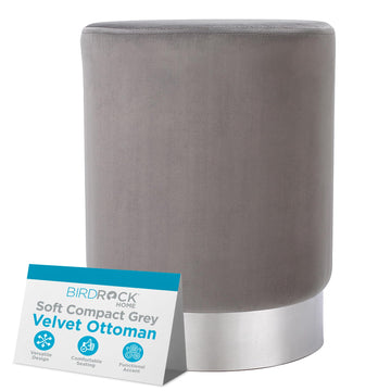 Round Ottoman Foot Stool - Modern Soft Padded Velvet Vanity Chair with Silver Metal Trim - Accent Chair or Foot Rest