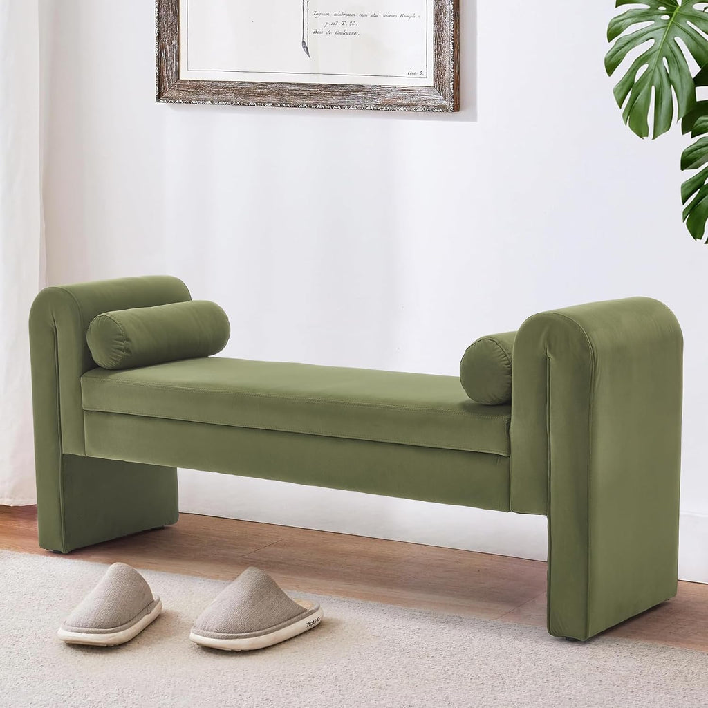 Modern Velvet Bench End of Bed, 60.5" Upholstered Rolled Armed Button Tufted Stool Bench with Storage, Sofa Ottoman