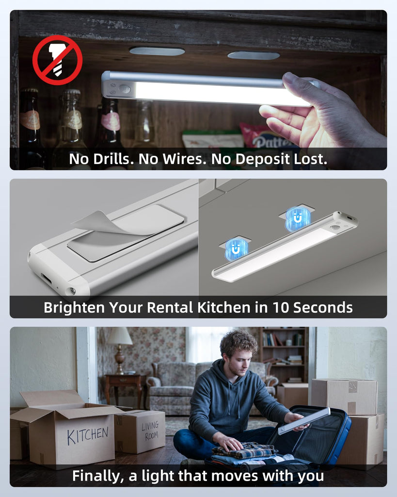 Under Cabinet Lighting, 12-inch Motion Sensor Light, 2400mAh Rechargeable, 3 Color Temperatures, Dimmable