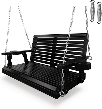 Wooden Porch Swing 2-Seater, High Backrest and Deep Seat, Bench Swing with Cupholders, Hanging Chains and 7mm