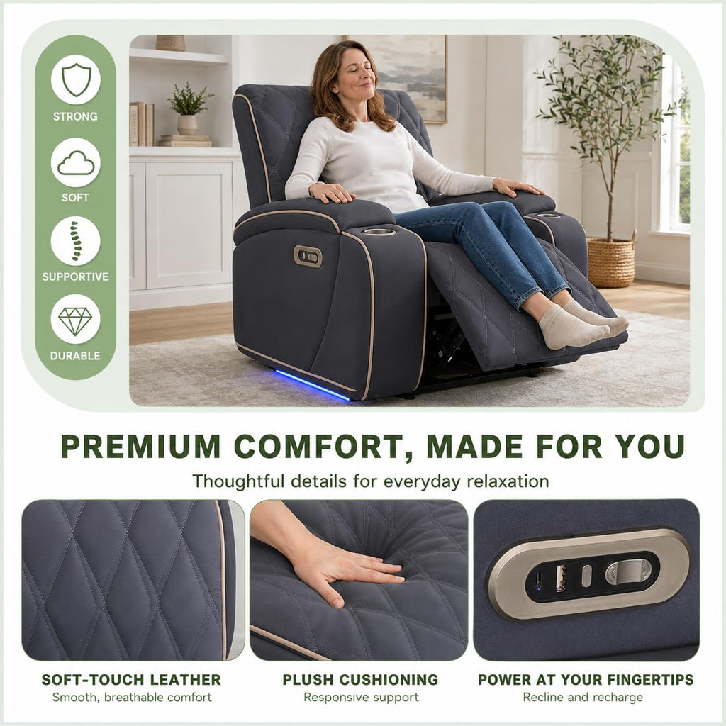 3-Piece Power Recliner Sofa Set, Leather Reclining Couch Set with Ambient LED Lights, Storage Console, USB-C Ports