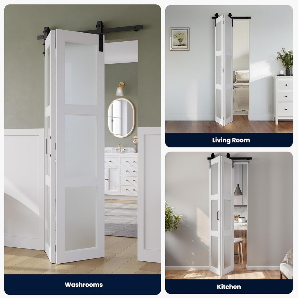 72in x 84in Bifold Barn Door, Frosted Glass Barn Door with Hardware Kit Included, Pre-Drilled Holes 
