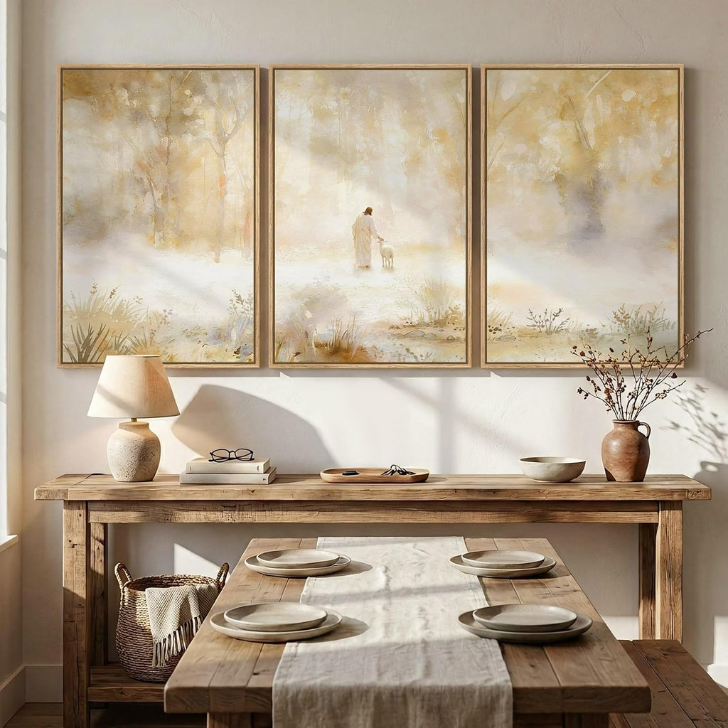 Large Framed Christian 3 Piece Wall Art, Jesus Leaves the 99 Sheep Canvas Prints, Neutral Gold Forest Misty