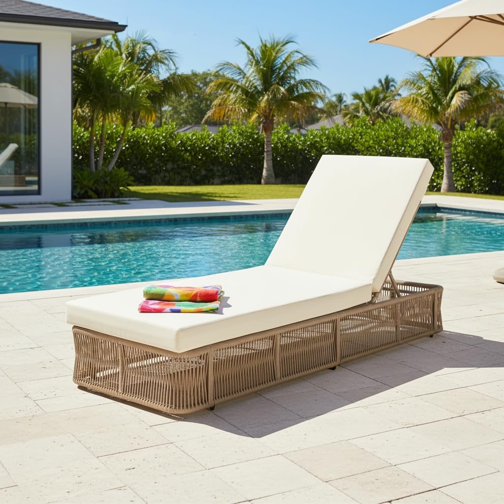 Patio Chaise Lounge with Woven Rope Base, Adjustable Sunlounge Without Cushion, Beige and White