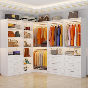 Closet System with 4 Sets, 8.5FT-21.5FT Corner Closet Organizer System with 9 Drawers & 12 Shelves & 8 Hanging Rods