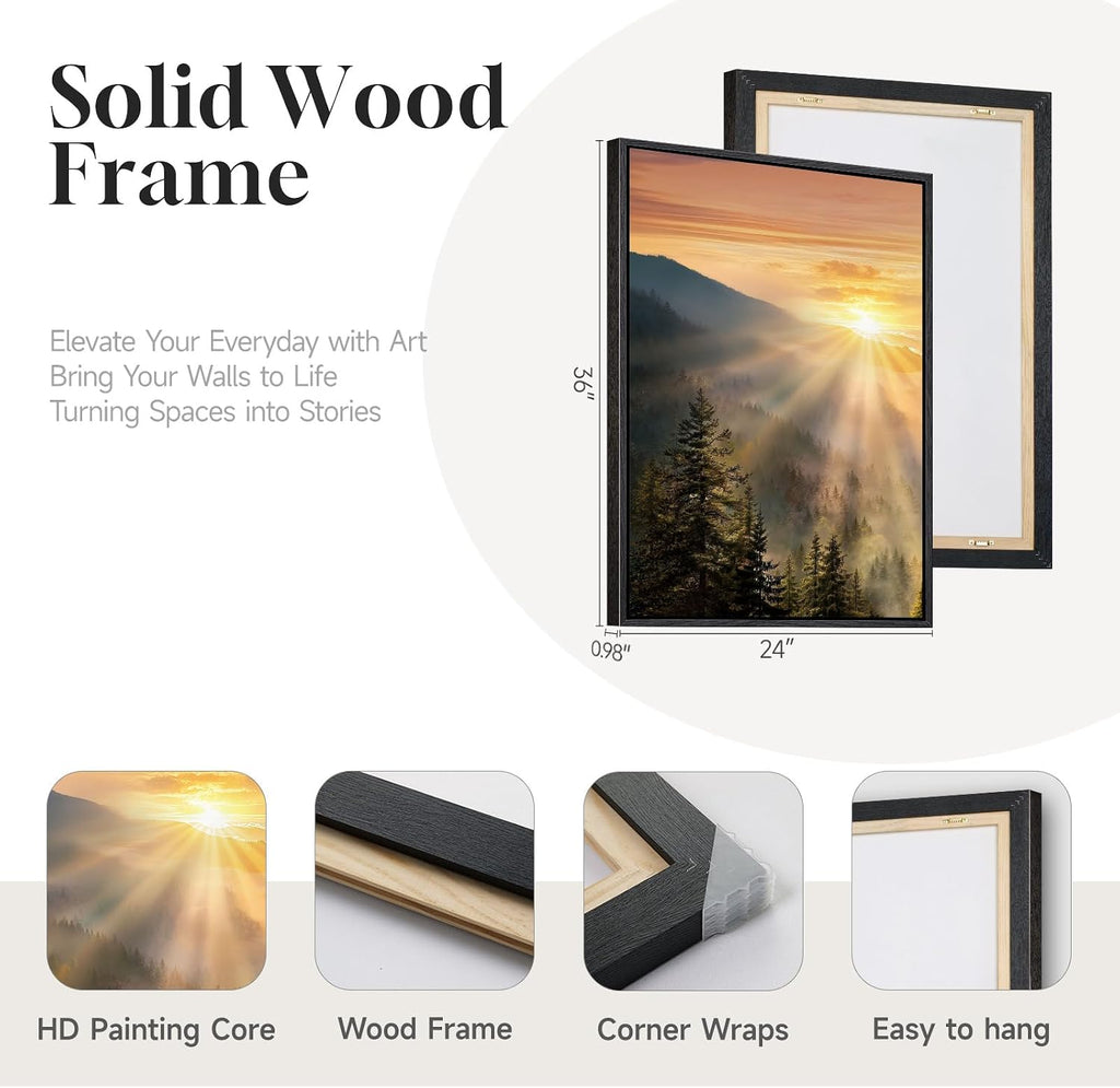 Large Framed Mountain Landscape Wall Art , 3 Piece Foggy Forest Sunset Canvas Artwork, Scenery Nature Picture Prints