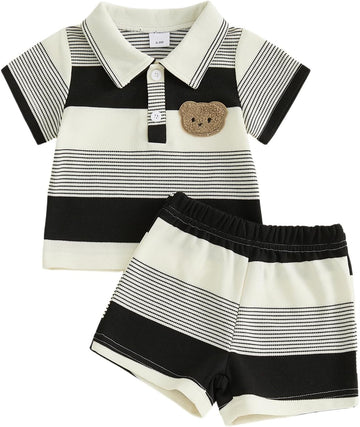 Toddler Baby Boy Summer 2 Piece Bear Outfits Color Block Striped Short Sleeve Button Collared Shirt Shorts Set