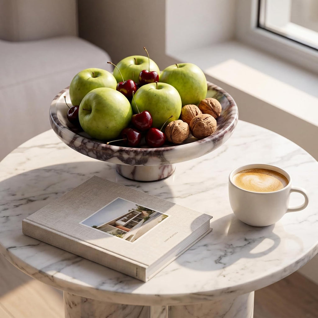 Marble Decorative Fruit Bowl , Decorative Stone Pedestal Bowl, Natural Marble Footed Fruit Holder for Dining Table
