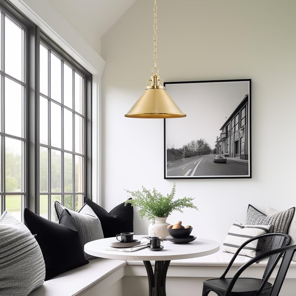 Romine 12" Modern Gold Pendant Light with Cone Metal Shade, Mid-Century Gold Hanging Light, Cool Brass Finish