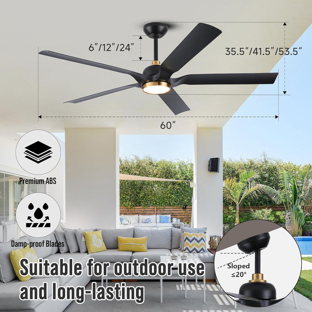 60 Inch Outdoor Ceiling Fan for Patios with Light, Black Gold Ceiling Fan with Long Downrods and Remote Control