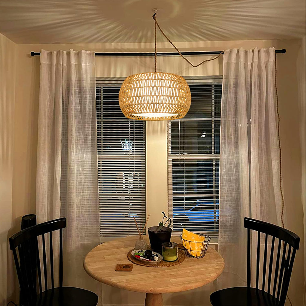 Boho Plug in Pendant Light Rustic Hanging Lights with Plug in Cord & Flower Lampshade, Fringe Hanging Lamp Dimmable