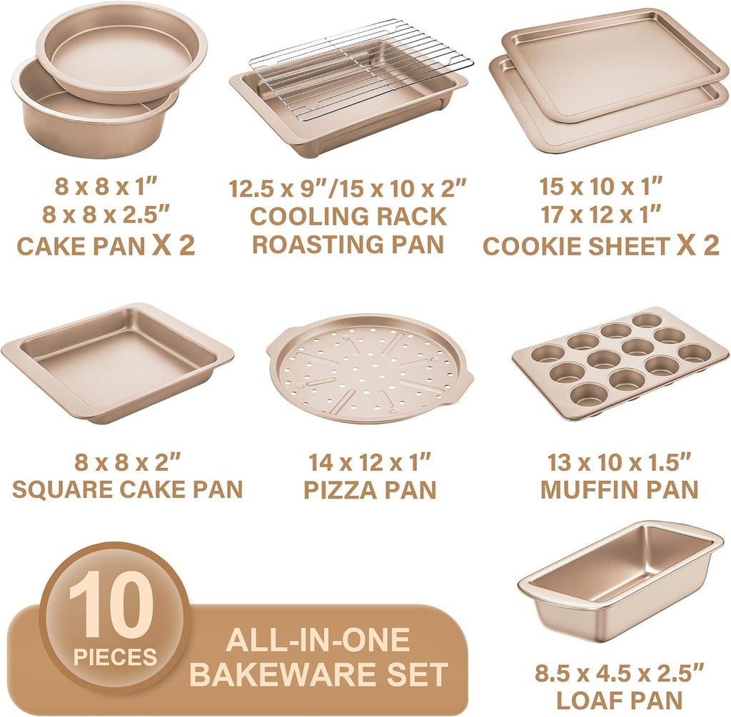 Bakeware Sets, Pans Set, Nonstick Oven Pan with Wider Grips, 10-Piece Including Rack, Cookie Sheet, Cake Pans, Loaf