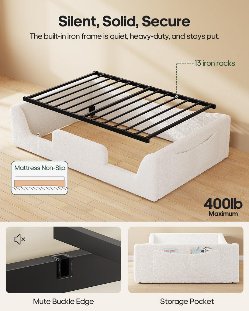 Twin Floor Bed, Low Montessori 2-in-1 Beds, Slats, High Rails, Upholstered | 2-in-1 Convertible Bed Frame, Curved