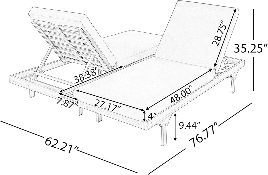 Acacia Wood Chaise Lounge Chair Set of 2, Double/Single Outdoor Sunbathing Pool Lounger with 4'' Cushion, Patio
