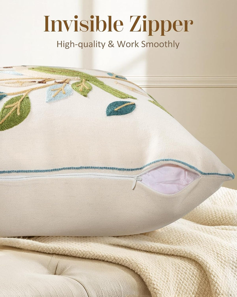 Embroidered Throw Pillow Cover 18x18 Inch - Summer Farmhouse Decorative Pillow Covers with Zipper, Birds Leaves