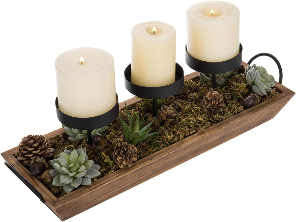 3-Pillar Black Metal Candle Holder with Rustic Wood Tray and Handles, Tabletop/Mantel Centerpiece