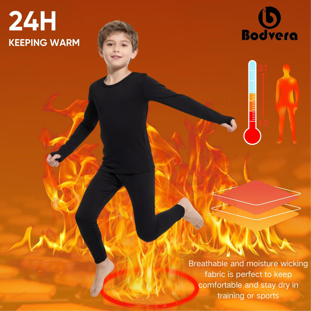 Thermal Underwear for Kids,Boys Fleece Lined Base Layer Long Johns Thermals Top and Bottom Set for Winter Skiing Black