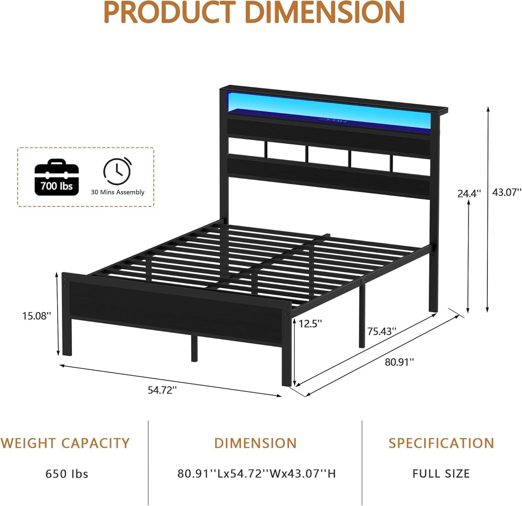Full Bed Frame with LED Light and Charging Station, Wood Storage Headboard with 2-Tier Shelves
