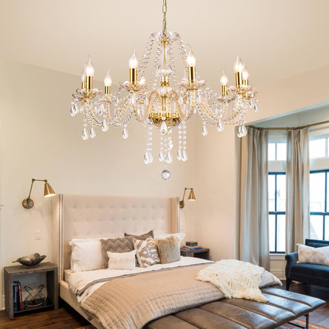 Modern Elegant 10 Lights K9 Crystal Glass Chandelier Golden Pendant Ceiling Lighting European Style for Dining Living Room Bedroom Transparent, 10 E12 Bulbs Required A110-B0DRF5F2QB