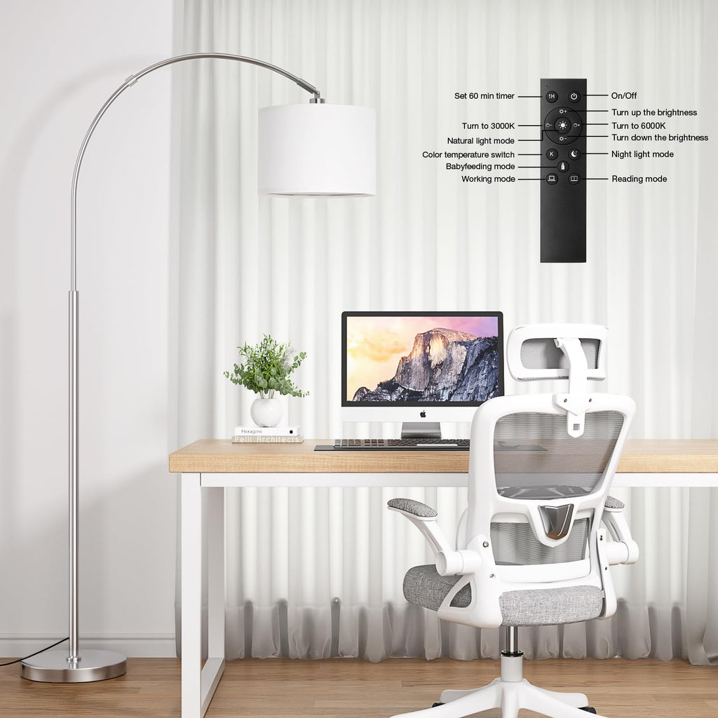 Dimmable Arc Floor Lamp with Remote, Color Temp Adjustable, Silver