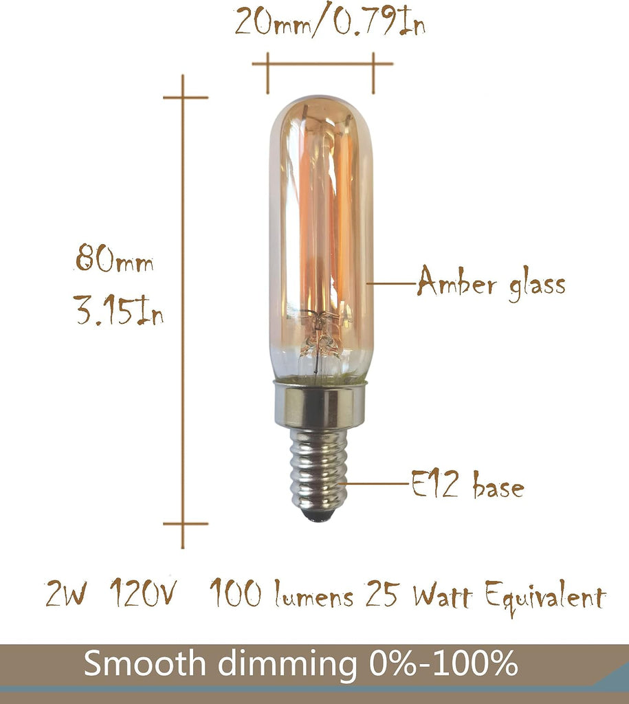 Dimmable 2 Watt E12 Base T6 Led Candelabra Light Bulbs Warm White 2200K Amber Glass 120lm 120V Dimmable T20 Eye