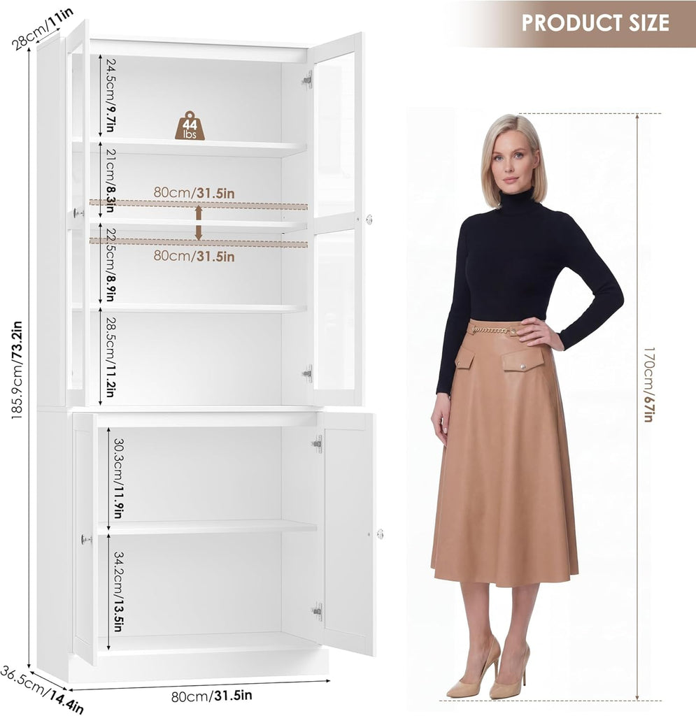 73.2" Tall Bookcase with Glass Doors, 6-Tier Book Shelf with Adjustable Shelf, Tall Bookshelf with Storage Cabinet