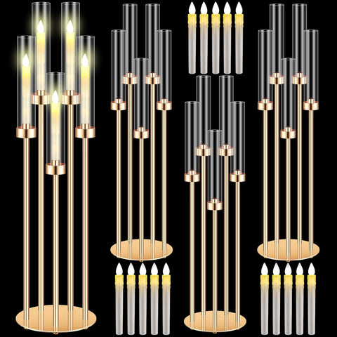 4 Set 5 Arm Gold Candelabra Centerpieces for Table, 35'' Tall Wedding Metal Candlestick Floor Holder Acrylic Clear