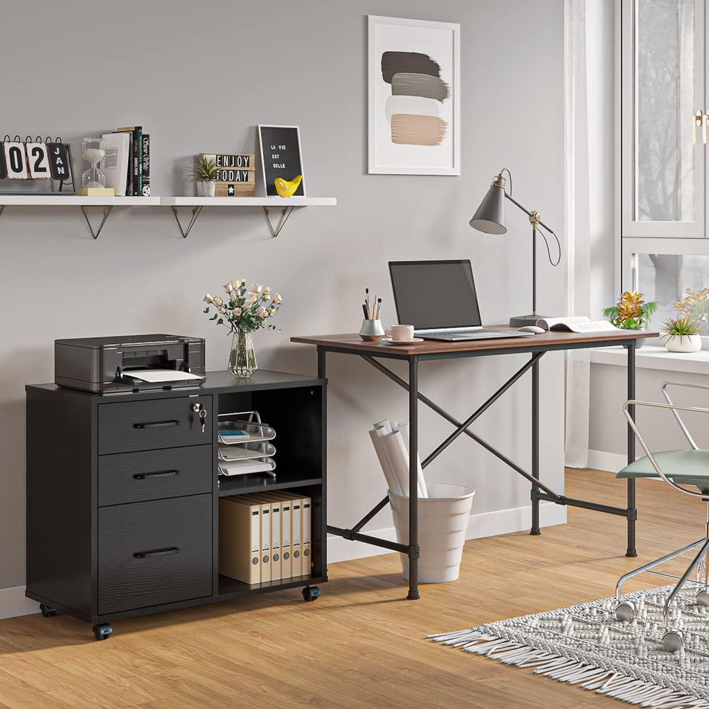 3 Drawer Office File Cabinets, Mobile Lateral Printer Stand with Open Storage Shelf, Rolling Filing Cabinet with
