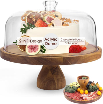 Acacia Wood Cake Stand with Acrylic Lid, 2-in-1 12 inch Round Cake Holder