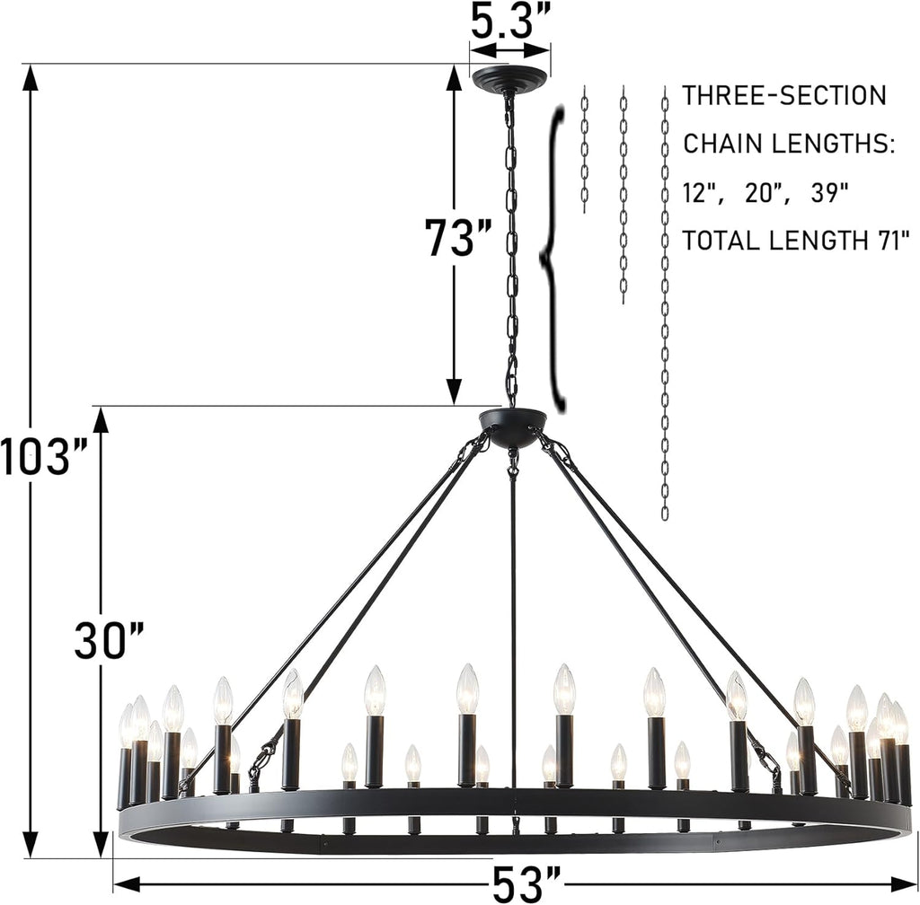 Inspired Camino Style Chandelier - 53 Inch Large Black Wagon Wheel Chandelier 30-Light Farmhouse Wagon Wheel Chandeliers Round Industrial Ceiling Light fixtures for Outdoor Porch high Ceilings Living Dining Room Foyer Entryway