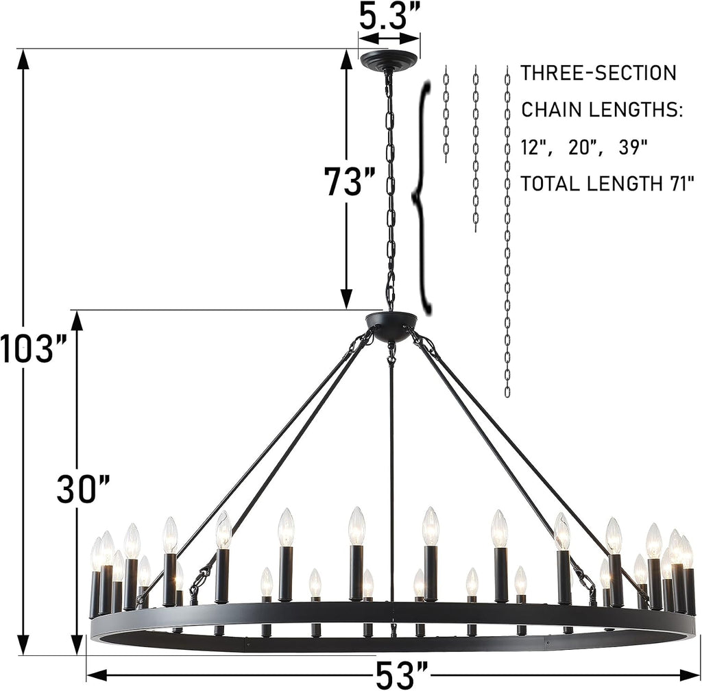 53 Inch Large Black Wagon Wheel Chandelier 30-Light Farmhouse Wagon Wheel Chandeliers Round Industrial Ceiling Light
