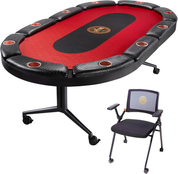 Triton Premium Foldable Poker Table with 10 Chairs - Soft-Padded Armrest, Individual Cup Holders, Portable Mat