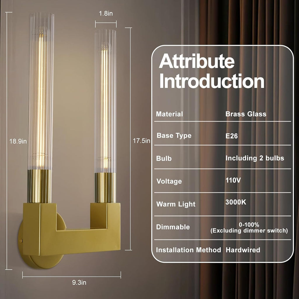 Inspired Cannele Style Modern Brass Wall Sconce,19 Inch Gold Double Bathroom Wall Sconces with Clear Glass Tube,Indoor 2-Light Vanity Mirror Wall Lights,for Bathroom,Living Room,Bedroom,Hallway,Entryway,Fireplace,Staircase