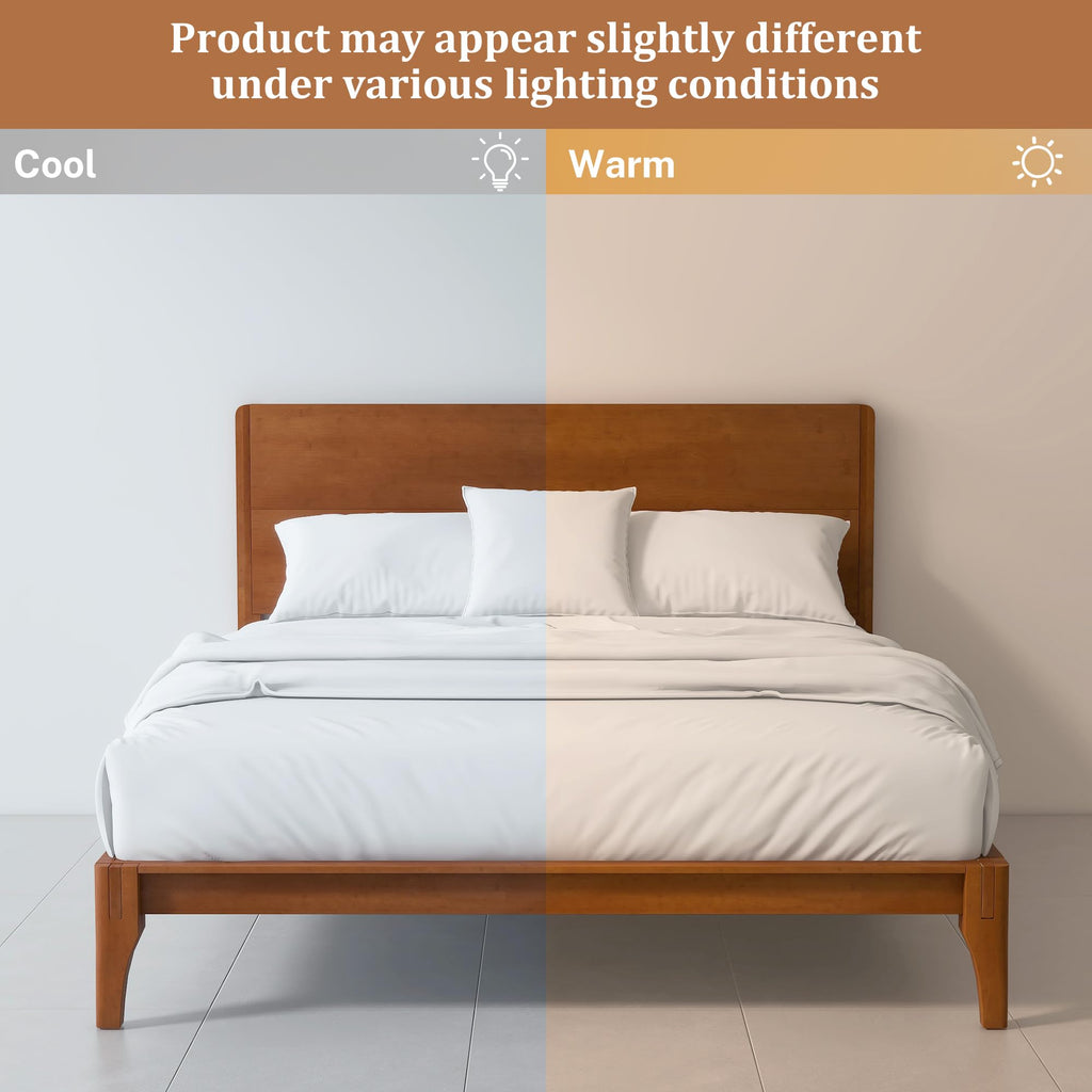 Full Size Mid Century Bamboo Wood Bed Frame with Headboard, Brown