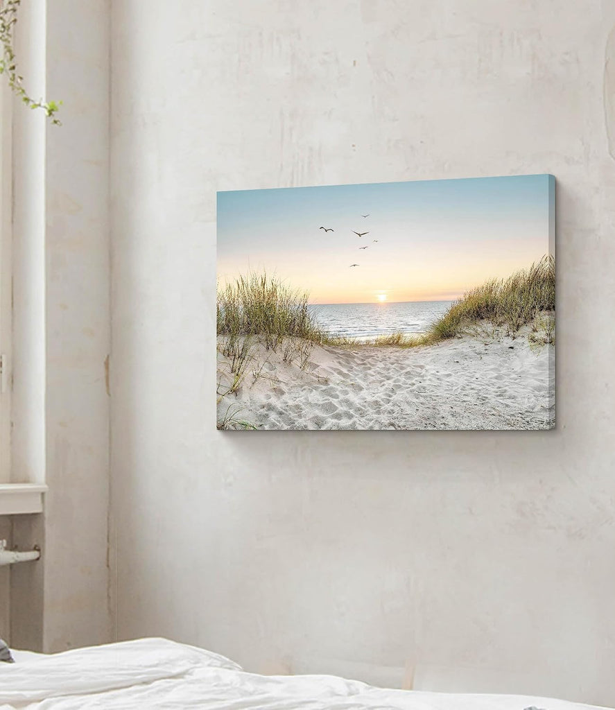 Coastal Wall Art Canvas Picture: Modern Beach Sunset Landscape Print Decor Horizontal Ocean Scene Sea Painting