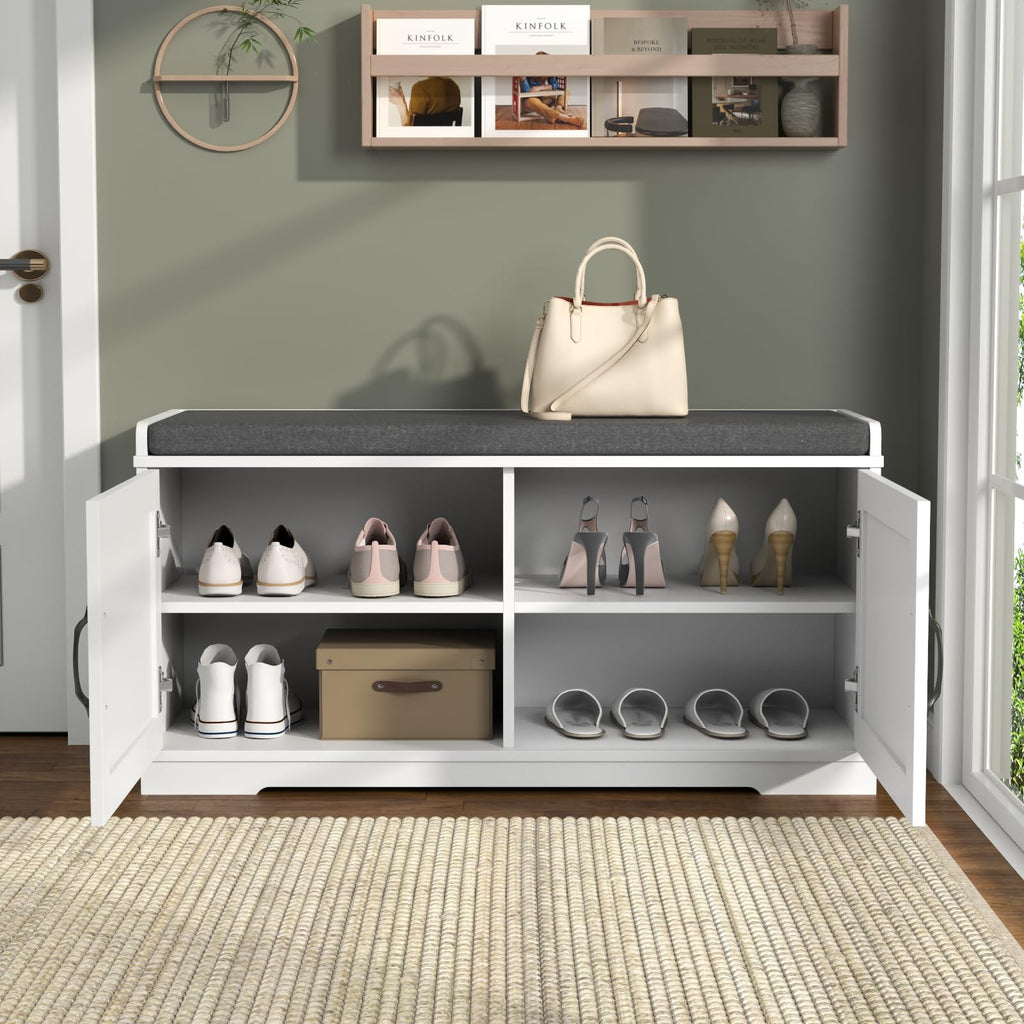 Shoe Storage Bench, 2-Tier Farmhouse Entryway Bench with Padded Seat Cushion, 13.78" D x 39.37" W x 19.69" H, Slim
