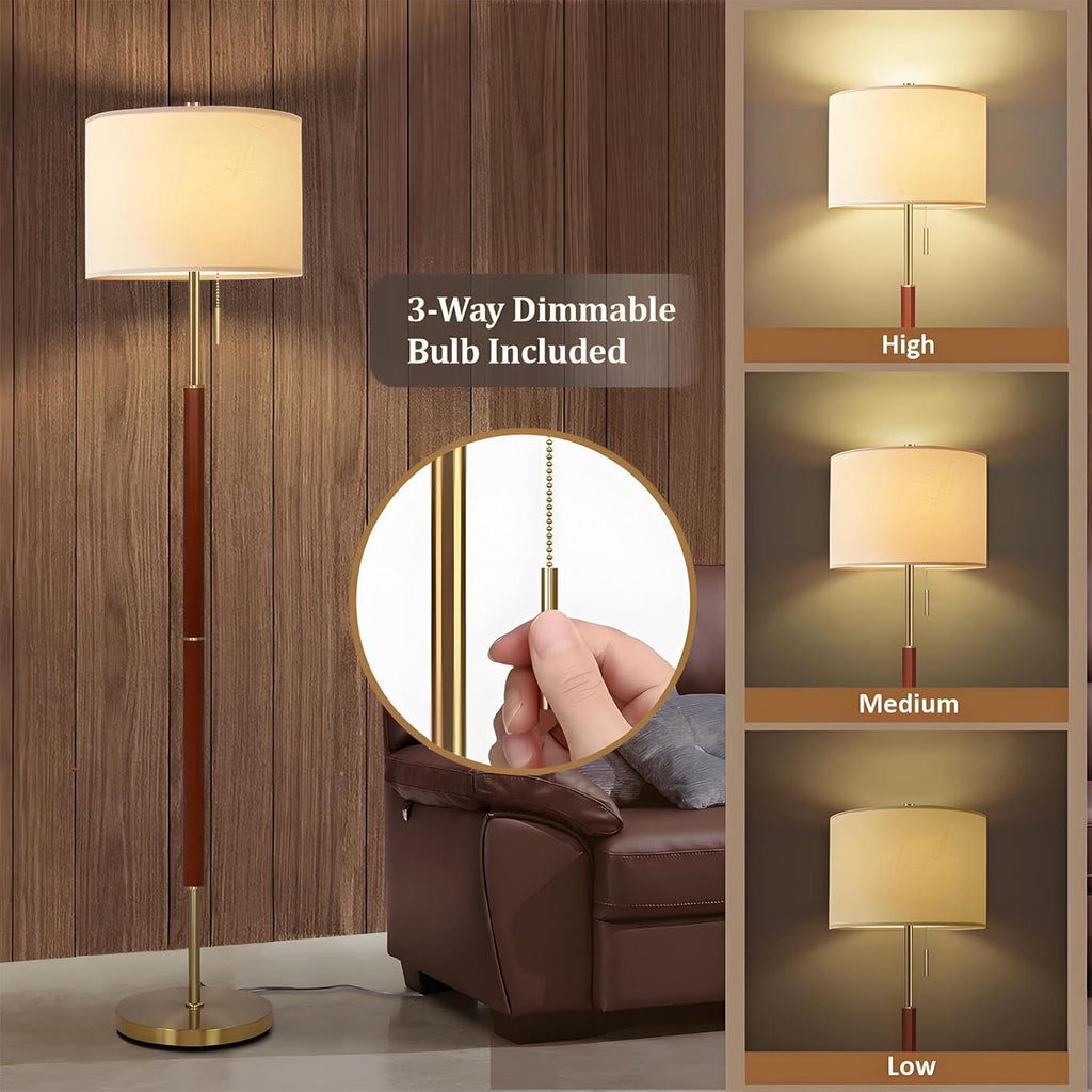 62" Walnut Gold Floor Lamp, 1200LM 3-Way Dimmable Mid Century Modern Floor Lamp Office