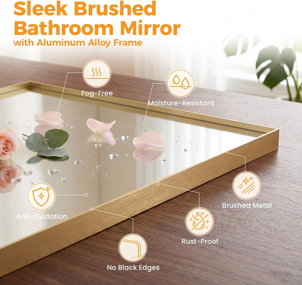 22"x30" Wall Mirror, Bathroom Mirrors for Over Sink, Gold, Tempered Glass & Anti Rust Metal Frame, Decor