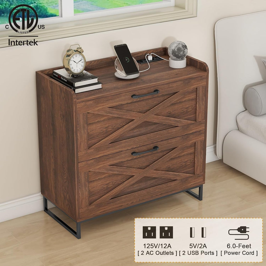 2 Drawer Lateral File Cabinet with Charging Station Dark Walnut Filing